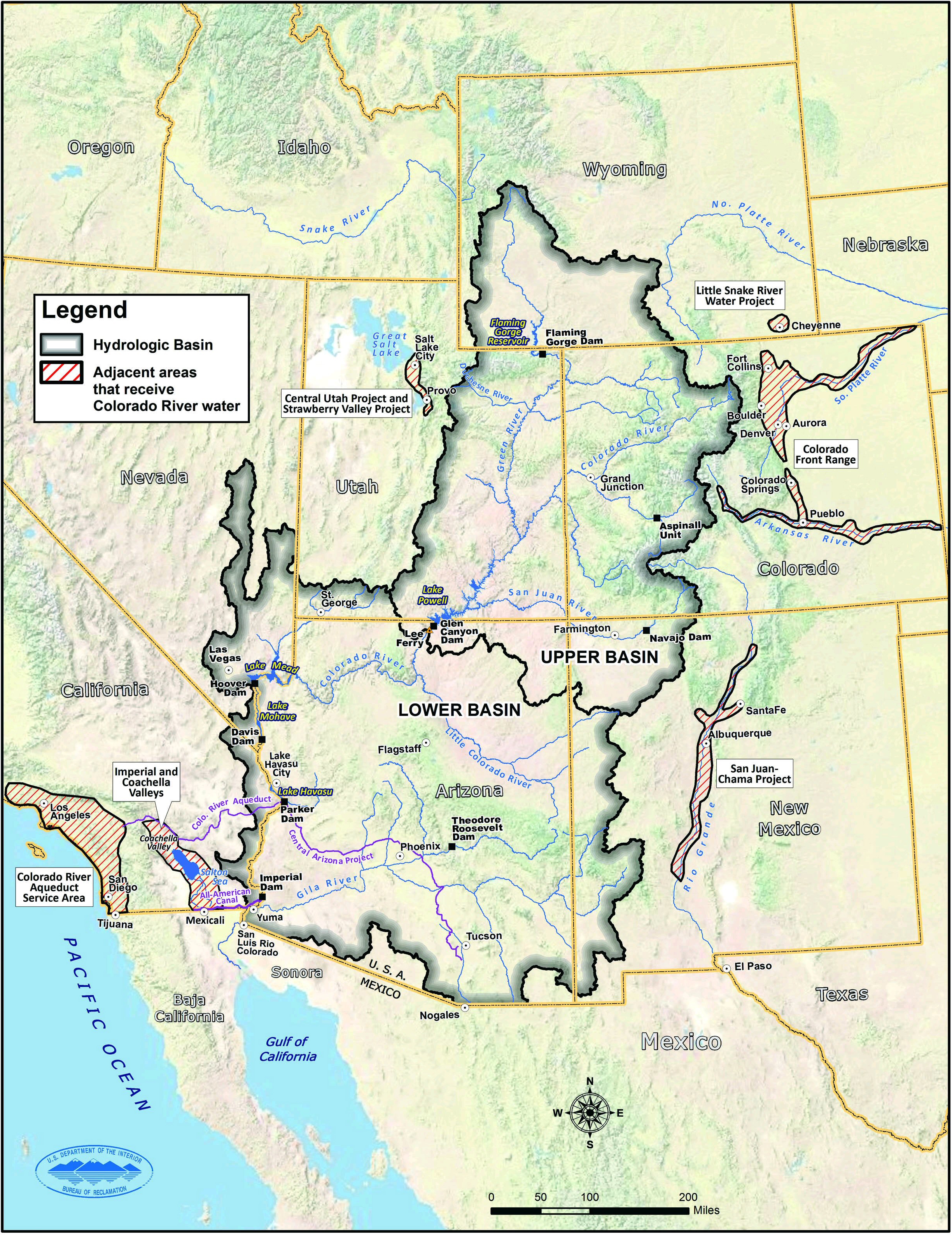 Map of the Colorado River Basin showing adjacent areas that receive Colorado River water