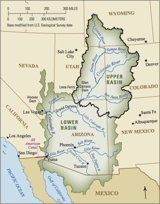 A map showing the upper and lower basins of the Colorado River